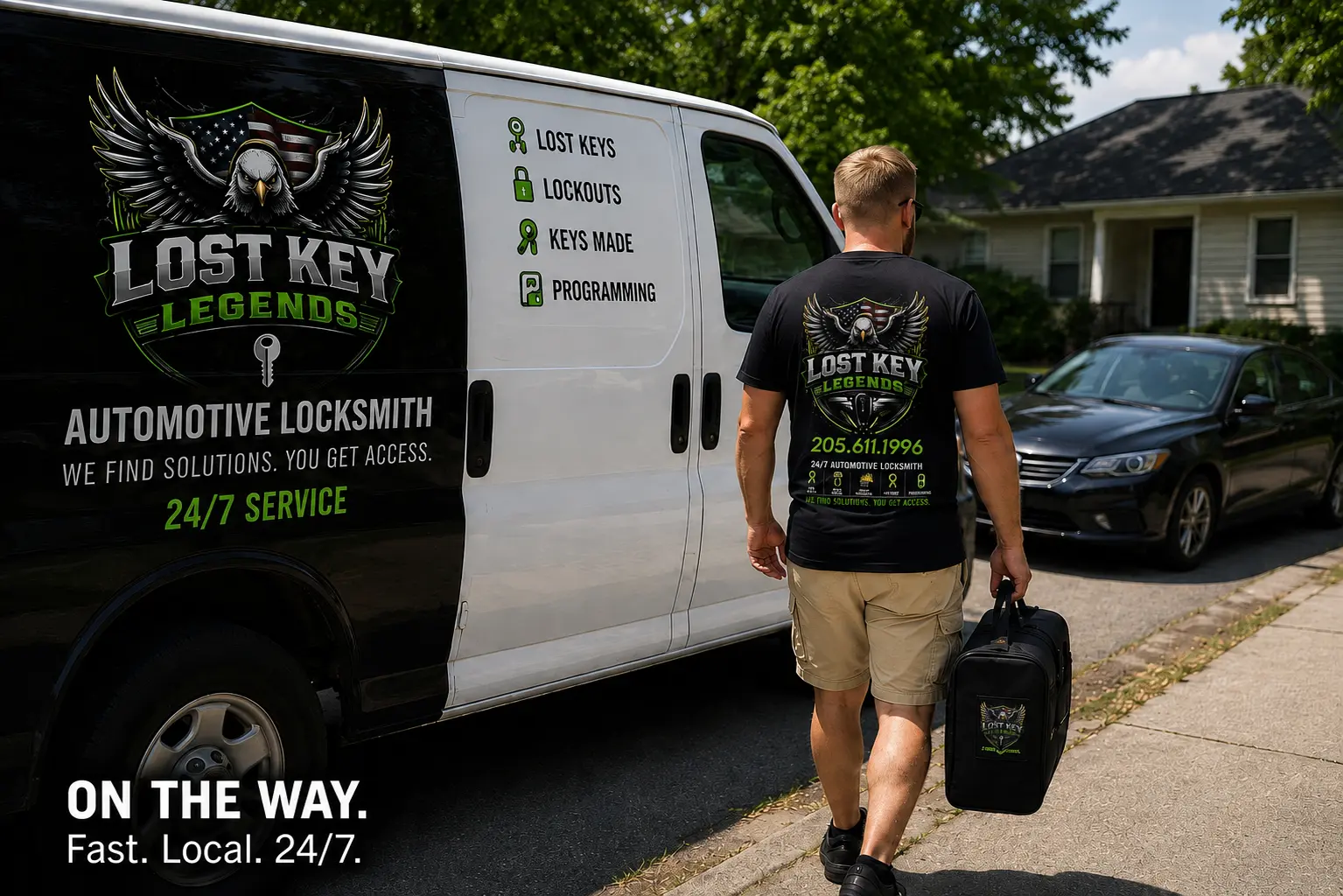 Lost Key Legends locksmith arriving on site with tool bag for a 24/7 car lockout in the Birmingham metro
