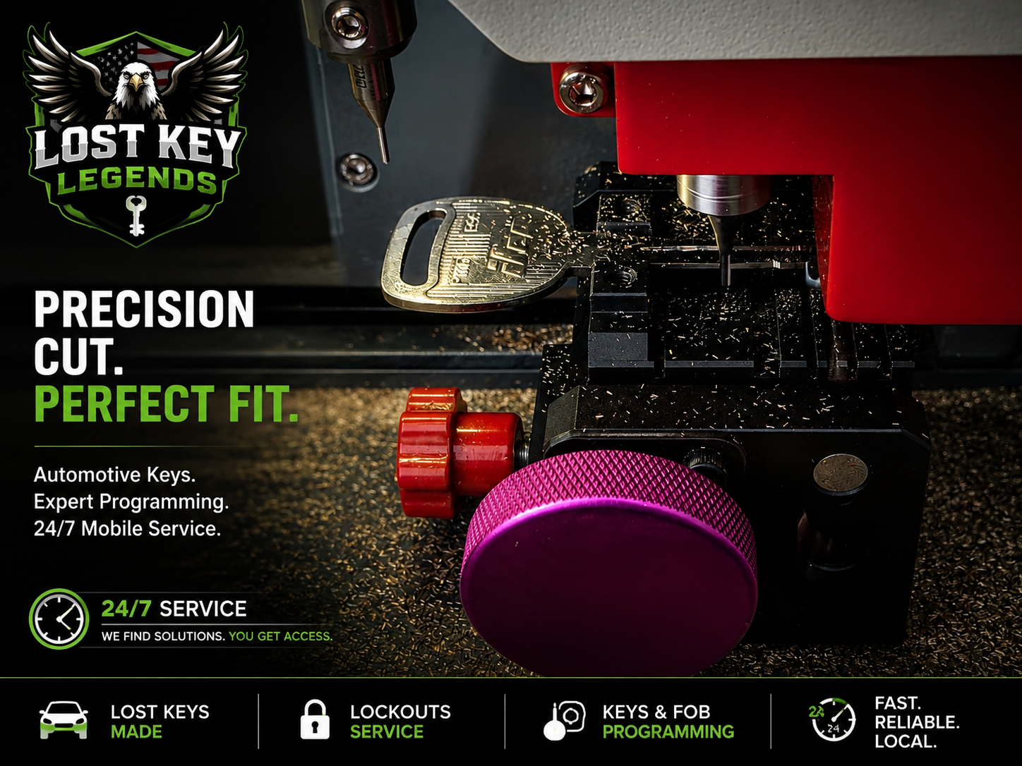 Automotive key being precision cut and programmed in the Lost Key Legends mobile van in Moody, Alabama