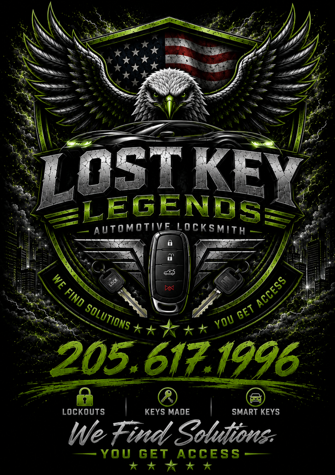 Lost Key Legends automotive locksmith eagle emblem with keys and car