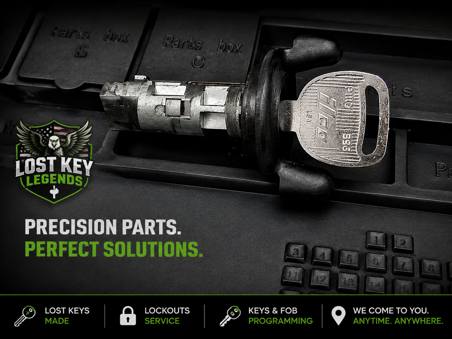New replacement car key and lock cylinder prepared for a lost key replacement in Birmingham, Alabama