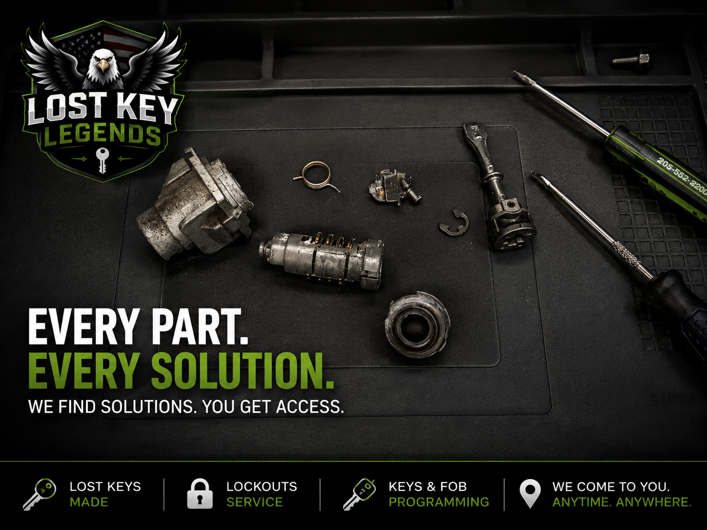 Ignition and lock components laid out with locksmith tools for transponder key cutting