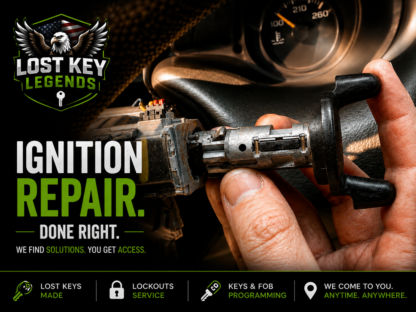 Locksmith holding a disassembled ignition lock cylinder during mobile ignition repair in Moody, Alabama