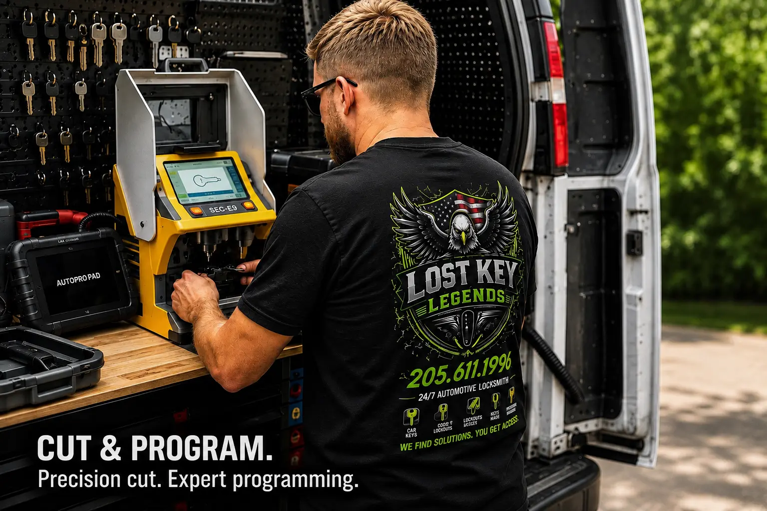 Lost Key Legends technician cutting and programming a car key at the van workbench